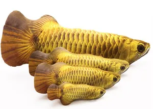 Detailed view of the golden arowana plush toy, realistic scale print, soft pet toy.