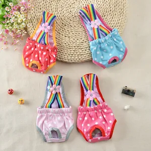 Lindo pantalón fisiológico para mascotas con tirantes de arcoíris y lunares, lavable.