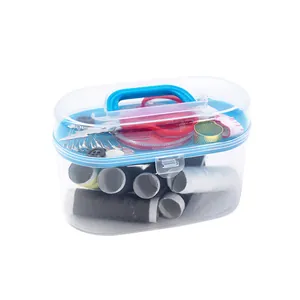 Compact 10-piece portable sewing kit set in a transparent storage box with essential tools