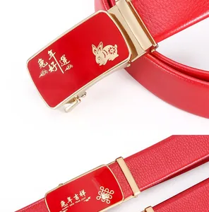Men's red leather belt with Chinese zodiac rabbit gold automatic buckle, stylish fashion daily wear.