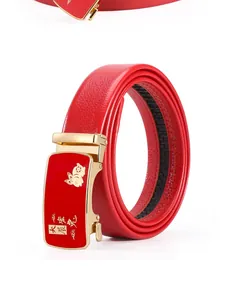 Red leather men belt with rabbit buckle gold automatic clasp festive casual style details