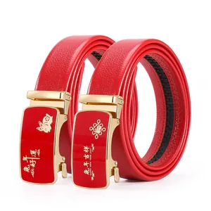 Red Men Belt Year of Rabbit Lunar New Year Gold Automatic Buckle Casual Leather Belt