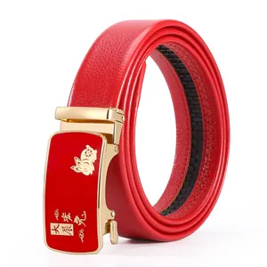 Red leather belt for men gold automatic buckle rabbit year gift fashion casual waist belt