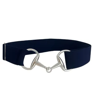 Classic dark blue elastic waist belt with silver horsebit buckle stylish equestrian cinch belt