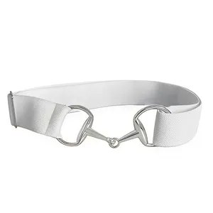 White elastic waist belt with silver metal horsebit buckle stylish women cinch belt detail