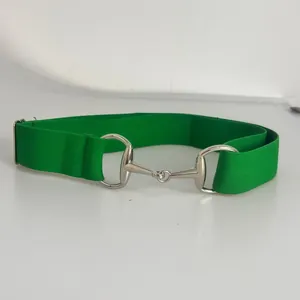 Green elastic belt with silver horsebit buckle stylish waist cincher for men and women daily wear