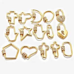 DIY Jewelry Clasp Pendant Gold Plated Copper Screw Carabiner Heart Star Moon Hamsa Hand Cross Zircon Pendants For Women