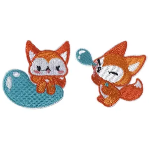 Cute cartoon fox embroidery patches, self-adhesive fabric stickers for phone case decor.