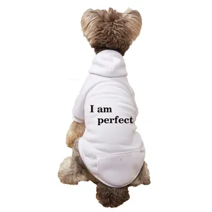 Detail view of white fleece pet dog hoodie sweatshirt featuring black letter print on back.