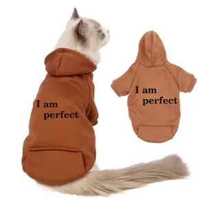 Brown fleece pet hoodie for cats and dogs featuring printed letter detail and cute hood design.