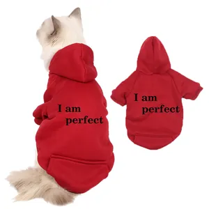 Red fleece pet hoodie for cats and small dogs with letter print, warm two-legged dog sweatshirt