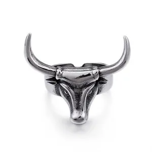 Detailed close-up of a vintage punk style bull head open ring in antique silver finish metal.