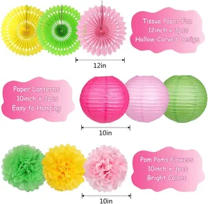 Hawaiian party paper fan lantern pom poms decoration set, colorful hanging decor supplies.