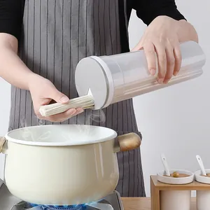 Round transparent plastic noodle storage container with easy-pour lid for kitchen use