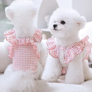 Cute pink plaid dog sanitary pants with ruffles, breathable physiological shorts for small pets.