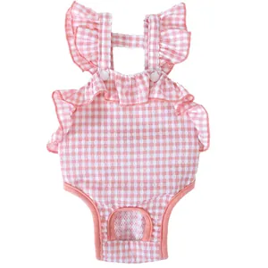 Cute pink gingham dog physiological pants for small female pets anti-harassment wear