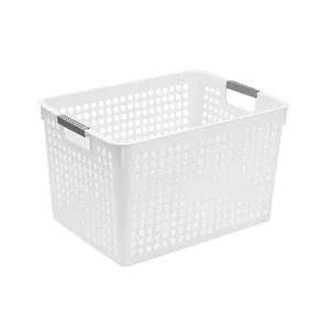 Cesta de almacenamiento de plástico blanco con asas para organizar juguetes y ropa