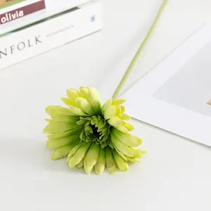 Primo piano dettagliato di un fiore di gerbera verde artificiale su tavolo bianco.
