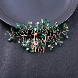 Smaragd Kristall Haarkamm Braut Hochzeit Strass Haarschmuck Gold Drahtgewickeltes Haarteil