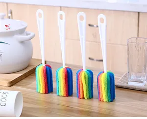 Cepillo de esponja de taza de arco iris de mango largo herramienta de cocina para biberones