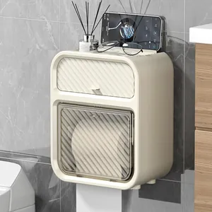 Wall Mounted Bathroom Tissue Box Waterproof Plastic Paper Dispenser With Storage Drawer And Phone Holder For Toilet