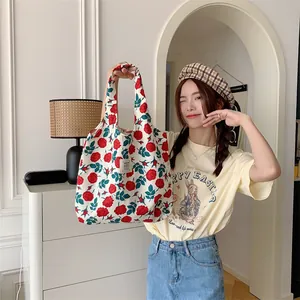 Floral canvas tote bag large capacity casual shoulder shopping bag for women summer style