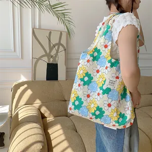 Floral canvas tote bag casual shoulder shopping bag large capacity summer floral handbag