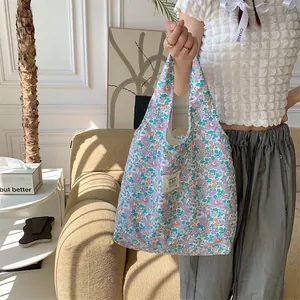 Floral canvas tote bag large capacity casual vest shopping bag summer fresh style aesthetic