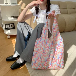 Floral print canvas tote bag, aesthetic large capacity grocery shopping vest bag for summer.