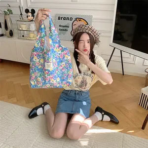 Summer floral canvas tote bag ins style casual large capacity shopping handbag for women