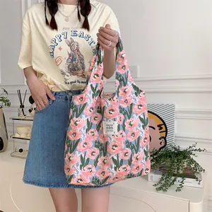 Floral canvas tote bag large capacity casual shopping bag aesthetic grocery handbag