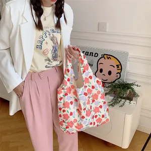 Floral canvas tote bag, aesthetic casual shopping shoulder bag with large capacity.