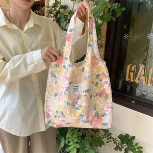 Floral canvas tote bag large capacity casual shopping bag fashionable floral shoulder bag