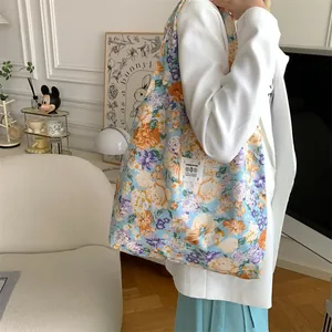 Floral canvas tote bag large capacity casual summer shoulder shopping bag stylish daily wear