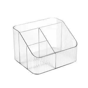Multi-compartment transparent desktop storage box with ribbed texture for cosmetics