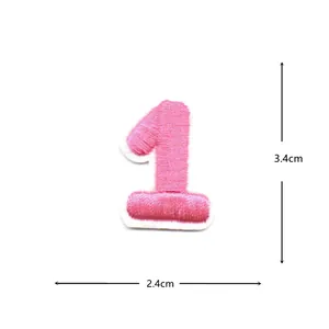 Pink embroidery number 1 patch detail view, fabric applique badge showing size dimensions clearly.