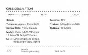 Gedetailleerd specificatieblad voor TPU telefoonhoesjes geschikt voor diverse iPhone modellen.