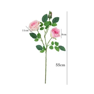 3-Headed Artificial Rose Bouquet Fake Flowers Pink Home Decor Table Centerpiece 55cm