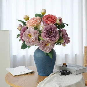 Artificial burnt-edge peony flowers bouquet, retro home decor, realistic silk flowers vase.