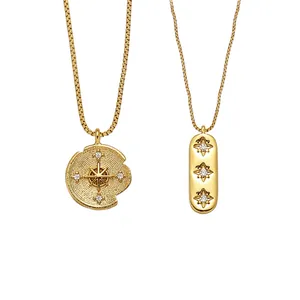 French Vintage Zirconia Octagram Star Pendant Necklace For Women Gold Plated Copper Light Luxury Sweater Chain Jewelry