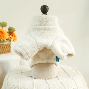 Cozy white fleece pet coat detail shot, soft winter warm apparel for small dogs and cats.