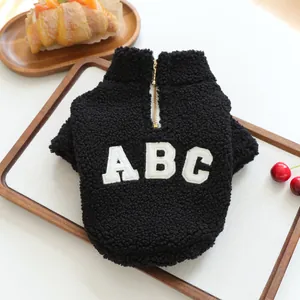 Black fleece pet sweater for small dogs cats, cozy winter half-zip coat with ABC embroidery.