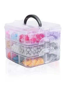 Clear multi-tier plastic storage organizer box detail view with colorful DIY beads and threads.