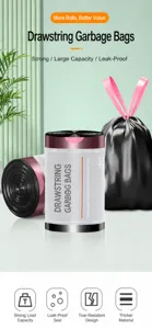Heavy-duty black drawstring garbage bags with pink handles for household kitchen use