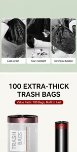 Close-up detail of black drawstring garbage bag rolls for household and commercial use