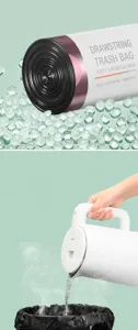 Detailed view of heavy duty black drawstring trash bag demonstrating heat resistance to hot water