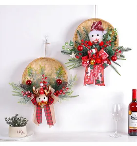 Christmas bamboo basket wreath cute snowman elk hanging decoration for door decor