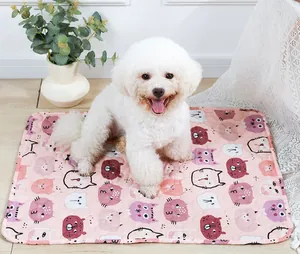 Un lindo cachorro blanco y peludo sentado en una alfombra rosa lavable de mascotas