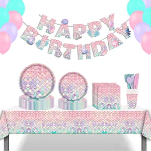 Kit complet de décoration de fête sirène avec nappe en écailles assiettes et bannière