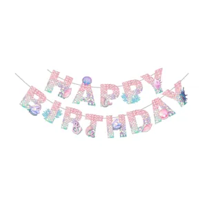 Vue détaillée de la bannière d'anniversaire sirène rose à écailles pour décoration de fête